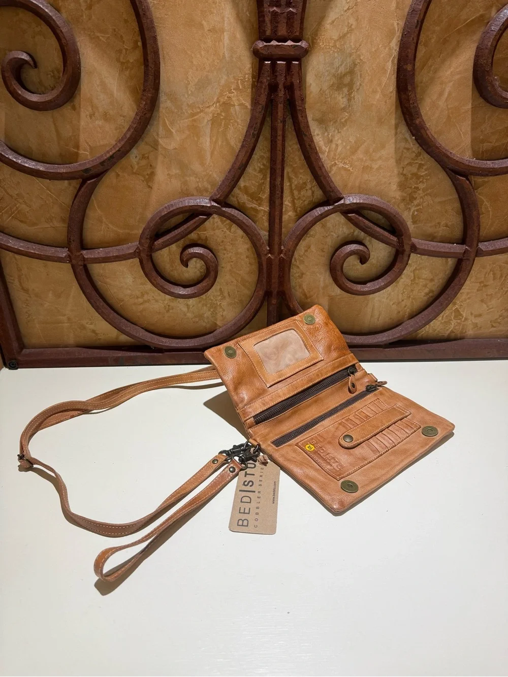 Leather Wristlet Clutch in Tan